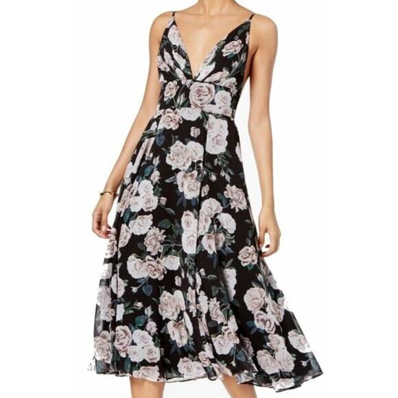 Fame and Partners Size 8 Fit & Flare Midi Shift Party Dress Black White Floral - Picture 1 of 11